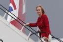 Liz Truss boarding RAF Voyager at Stansted Airport - the government's other private jet run by the RAF