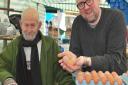 Andrew Webb with Simon Elam from Hempstead at Saffron Walden Market. Simon has been in the egg business for over 60 years.