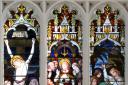 The east window at St Mary's Church, Saffron Walden, depicting the crucifixion, Last Supper and the resurrection