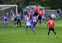 Saffron Walden Town go close with a header against Leighton.  Picture: DOMINIC DAVEY