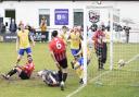 Saffron Walden Town took the lead against Halstead Town after a corner. Picture: DOMINIC DAVEY