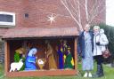 Ali Smith and one of her helpers at the Nativity scene outside Saffron Walden Baptist Church