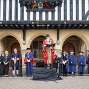 Cllr James De Vries, Mayor of Saffron Walden, reads the Proclamation of the Ascension of King Charles III, with members of the Town Council alongside in the Market Place in Saffron Walden, on Sunday, September 11