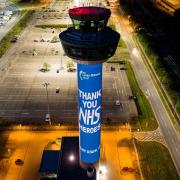 London Stansted Airport's NATS air traffic control tower had images thanking the NHS. Outdoor projection company EMF Technology produced the visual and photographer Paul Hinwood captured the moment. Picture: Flitch Media