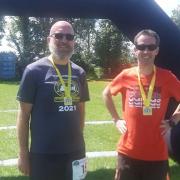 Mark Coutts and Tim McMahon of Saffron Striders at the South Cambridge Marathon.