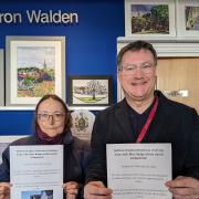 Blue Badge Guide Sarah Kirkpatrick with Mark Starte of Saffron Walden Tourist Information Centre