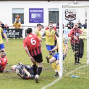 Saffron Walden Town took the lead against Halstead Town after a corner. Picture: DOMINIC DAVEY