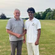 Aythorpe Roding president Brian Hockley with Manith De Silva, man of the match against High Roding. Picture: AYTHORPE RODING CC