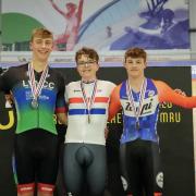 Will Gilbank on the podium (left) after the scratch race. Picture: CHARLES GILBANK