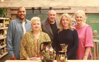 Rich Miller, Keith Brymer Jones and Siobhan McSweeney with Moorcroft designer Emma Bossons and Moorcroft tubeline artist Gill Johnson